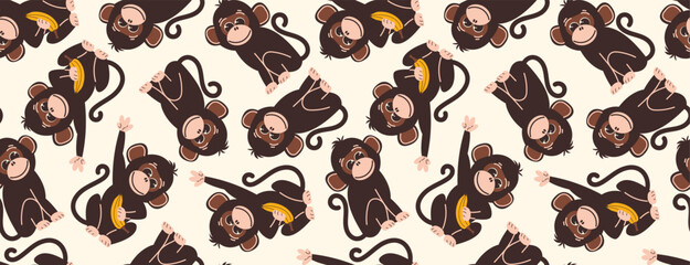 Seamless pattern with monkeys in flat style. Vector background with cute monkey characters with banana in hand. Abstract background.