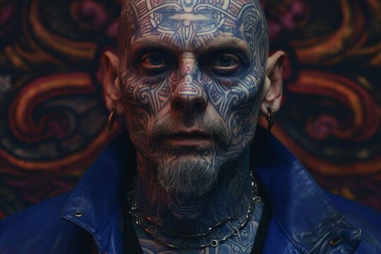 Portrait of a dangerous man with tattoos on his face and chest in blue jacket
