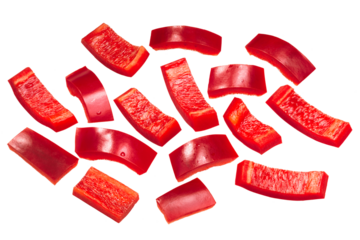 Red chile or bell pepper rectangular slices, pieces or chunks isolated png