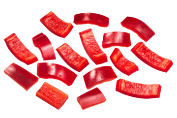 Foto op Canvas Red chile or bell pepper rectangular slices, pieces or chunks isolated png © maxsol7