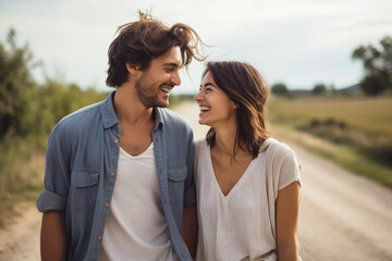 Laughing young couple standing on a country road