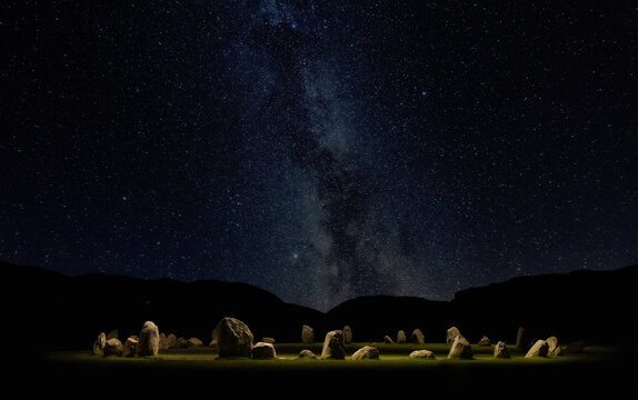 Lake District, Cumbria. Castlerigg Stone Circle and the Milky Way near Keswick in the northern lakes. Light painted stones and the milky way above. Astrophotography and historical stone circle