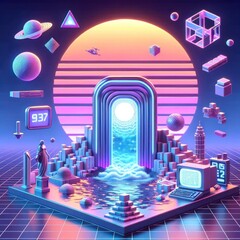 Obraz premium Retrofuturistic 3D trendy collection. Trendy elements in vaporwave style from 80s 90s. Old wave cyberpunk concept. Shapes design elements for disco genre, retro party. Neon glitch shapes. Nostalgia