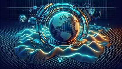 Immerse yourself in a futuristic world of cyberpunk wonders, as a mesmerizing globe of earth captures the eye in this stunning digital artwork, illuminated by a circle of bold graphics and pulsating 