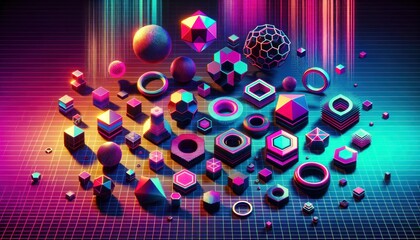 Retrofuturistic 3D trendy collection. Trendy elements in vaporwave style from 80s 90s. Old wave cyberpunk concept. Shapes design elements for disco genre, retro party. Neon glitch shapes. Nostalgia