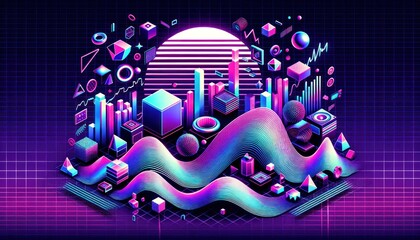 Retrofuturistic 3D trendy collection. Trendy elements in vaporwave style from 80s 90s. Old wave...
