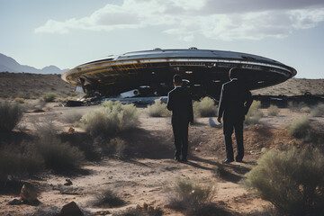 Government Conspiracy. Men in Black Investigating a UFO Crash Site