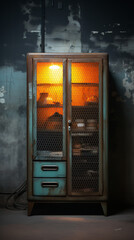 Wooden Cabinet with Metal Mesh Doors against Concrete Wall