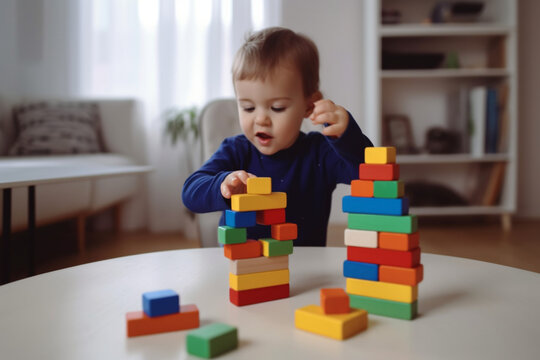 Little boy playing with multi colored wooden block toys