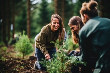Naklejka na ściany i meble Volunteering. Young people volunteers outdoors reforestation. Man and woman planting trees in the forest or working in community garden.
