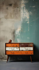 Two-tone Wooden Dresser Against Concrete Wall