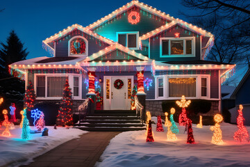 Holiday Lights Extravaganza. A House Illuminated with Colorful Christmas Lights