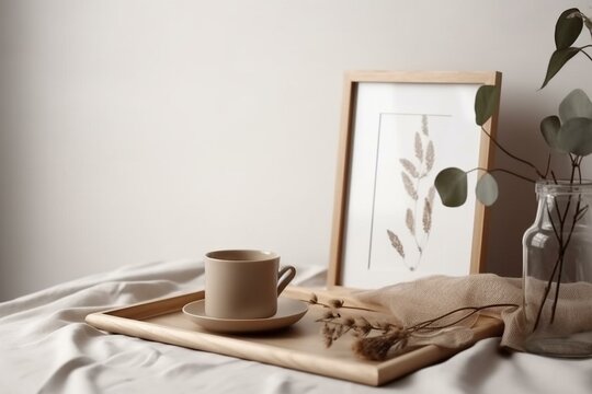 Empty wooden picture frame. Coffee on linen table. Eucalyptus on white wall. Home office. Scandinavian interior. Generative AI