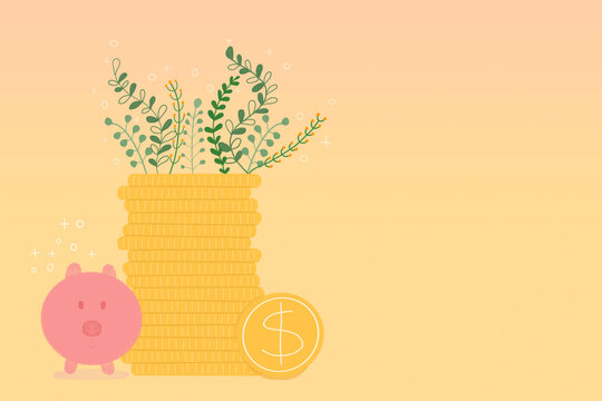 Stack of gold coins with plant and piggy bank against yellow background