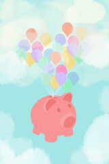 Piggy bank tied to bunch of balloons flying in clouds
