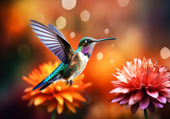 Hummingbird flying in the air next to a flower. AI generative - Powered by Adobe