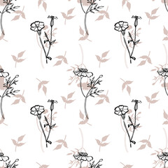 print from sketches of marigolds, seamless pattern for textiles and interior. vector pattern of flowers and leaves