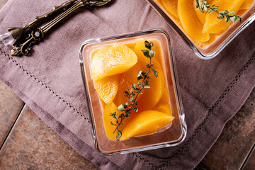 Traditional Italian dessert panna cotta with peaches, top view