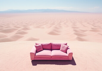 Fototapeta na wymiar Detail of pink sofa in the middle of the desert. Minimalist concept. AI generative