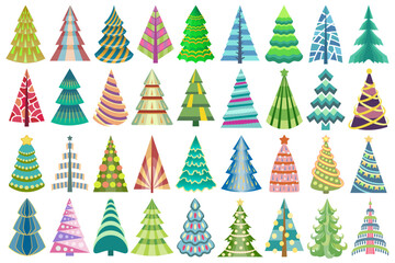 Obraz premium Abstract stylized decorative Christmas tree set. Colorful, decorated firs for New Year event. Vector, artistic geometric Christmas tree designs.