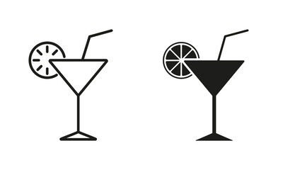 Cocktail Margarita Line and Silhouette Icon Set. Tropical Coctail. Ice Summer Cocktail Glass with Straw and Lime Sign. Drink Martini, Liquor, Vodka, Champagne Pictogram. Isolated Vector Illustration