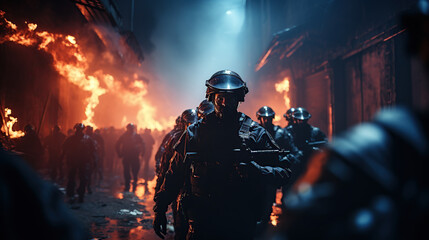 Riot police signal to be ready. The concept of government power Special operations police are operating Smoke on a dark background with lights Siren flashing blue red