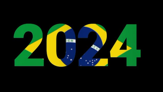 2024 text with Brazilian flag waving. Falg of Brazil 2024 for independence day anniversary and New Year. Seamless 4k