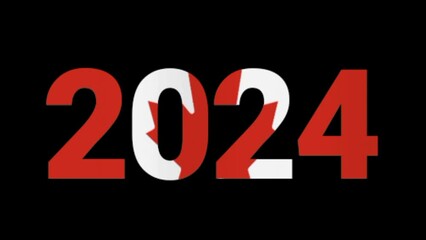 2024 text with canada flag waving. Falg of Canada 2024 for independence day anniversary and New Year. Seamless 4k