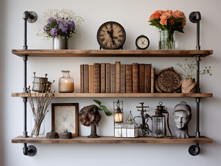 Steampunk Wood Floating Shelf with Tin Frames and Iron Vase