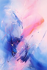 an abstract painting with ink drawings on a blue and pink background gestural calligraphic light navy and violet abstract weavings small brush strokes