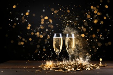 Crystal glasses filled with Champagne for New year's eve. Generated with AI
