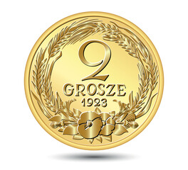 Reverse Polish money, two grosz coin. Vector illustration. - obrazy, fototapety, plakaty