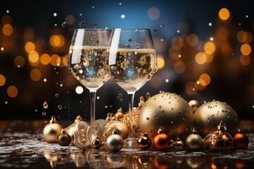 Crystal glasses filled with Champagne and Christmas bulbs. Generated with AI