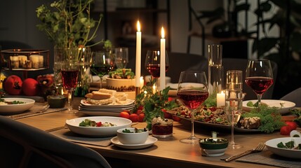Near up shot of christmas merry table with no individuals. Eating table with plates, wine glasses and candles - obrazy, fototapety, plakaty