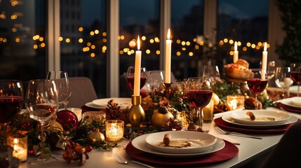 Near up shot of christmas merry table with no individuals. Eating table with plates, wine glasses and candles