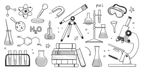 Doodle science, chemistry education school. Hand drawn doodle style. Vector hand drawn line - obrazy, fototapety, plakaty