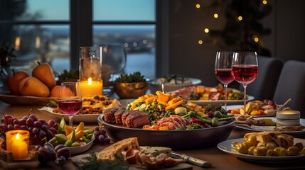 Fototapeta premium Near up shot of christmas merry table with no individuals. Eating table with plates, wine glasses and candles
