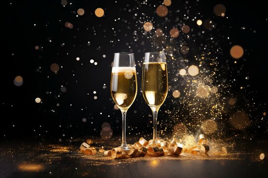 Crystal glasses filled with Champagne for New year's eve. Generated with AI
