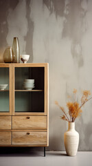 Oak Cabinet with Glass Doors Against Concrete Wall