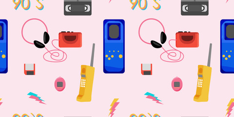 Seamless 80's 90's pattern with vintage items. hipster and colorful style. Vector illustration