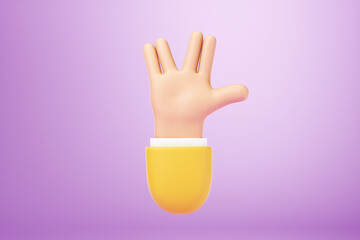 Cartoon human hand showing spock gesture, vulcan salute. Concept symbol, icon. Copy space, 3D illustration, 3D render.