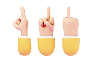 Cartoon human hand showing middle finger gesture, isolated on white background. Concept symbol, icon. Copy space, 3D illustration, 3D render. - obrazy, fototapety, plakaty