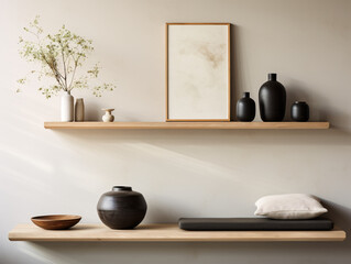 Matte Wood Floating Shelf with Panoramic Frames and Cylinder