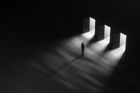 Concept choice, difficult decision, 1 of 3, way out, problem solving. The puppet stands in front of three open doors against a dark background. Copy space, 3D illustration, 3D render.