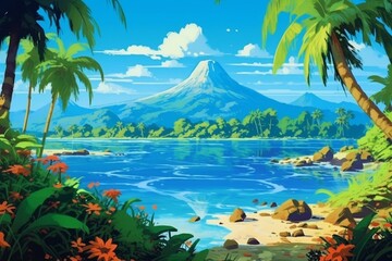 Fototapeta na wymiar Beautiful scene with tropical trees and mountains against a clear blue sky. Generative AI
