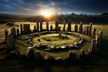 Mystical radiating stone circle of the ancient Wiccan practitioners. Generative AI
