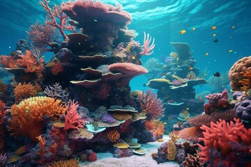 Naklejka na ściany i meble Vibrant underwater scene with a diverse coral reef, beautifully rendered in 3D. Generative AI