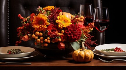 Thanksgiving table put setting - Counterbalanced - obrazy, fototapety, plakaty