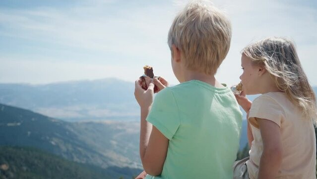 Children eating snack energy bar on beautiful mountain landscape at hiking trip