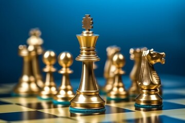 Gold chess pieces on chessboard with blue background. Leadership concept. Generative AI